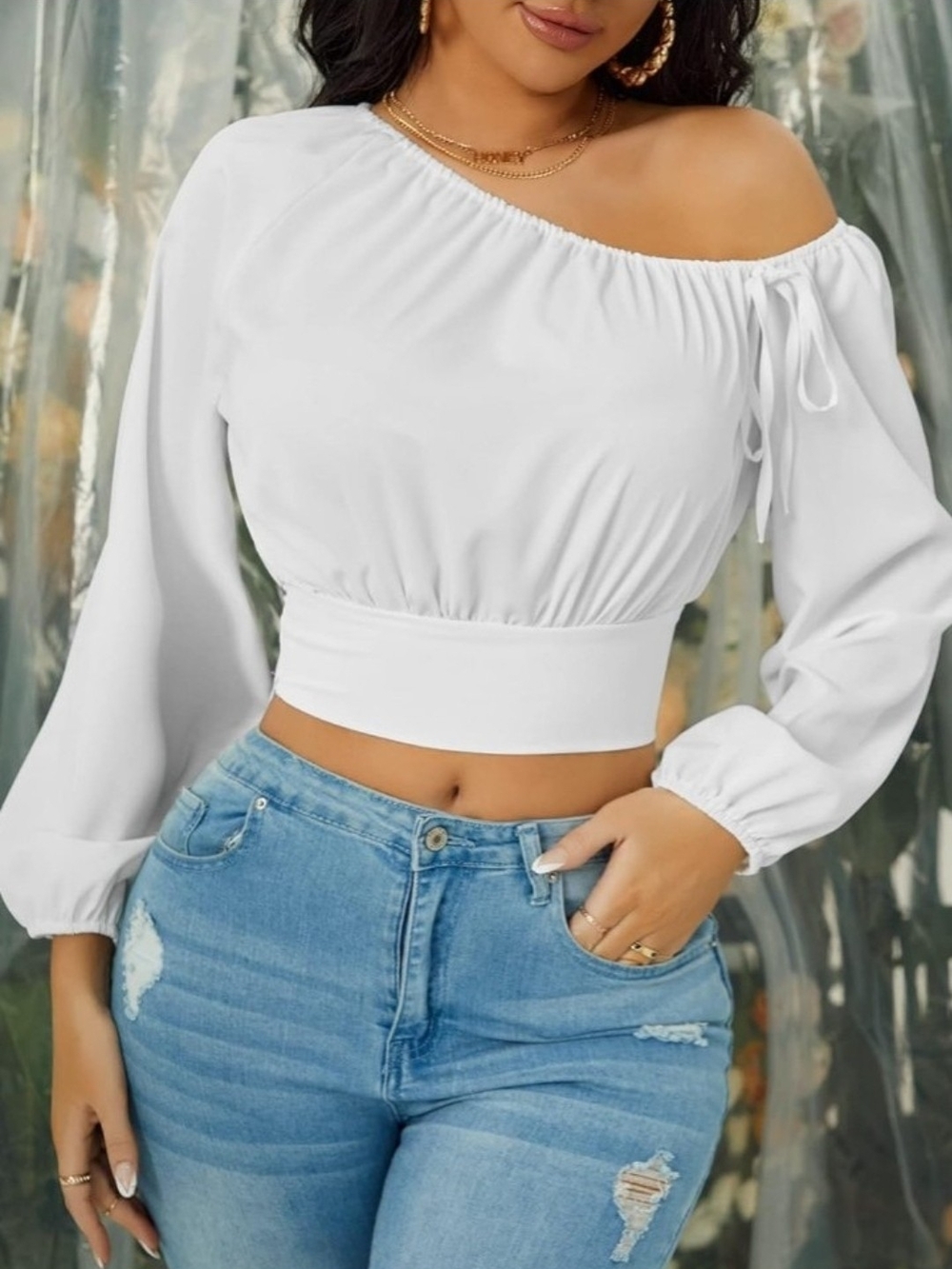 NWT Lyaner Women's One Shoulder Long Bishop Sleeve Drawstring Crop Top Blouse